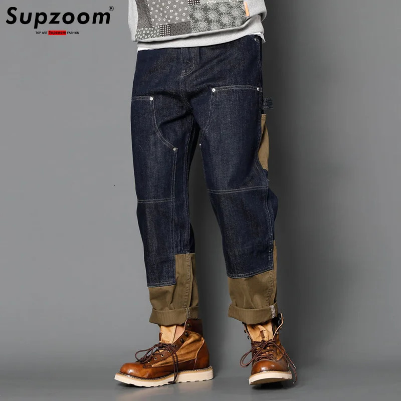Supzoom Arrivée Top Fashion Automne Zipper Fly Stoash Casual Patchwork Cargo Denim Pockets Cotton Jeans Men 240806
