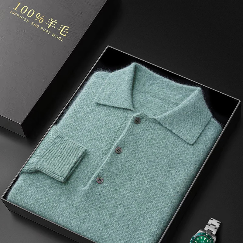 Autumn and winter 100 pure wool mens long sleeved polo neck honeycomb cashmere knitted youth business casual sweater 240807