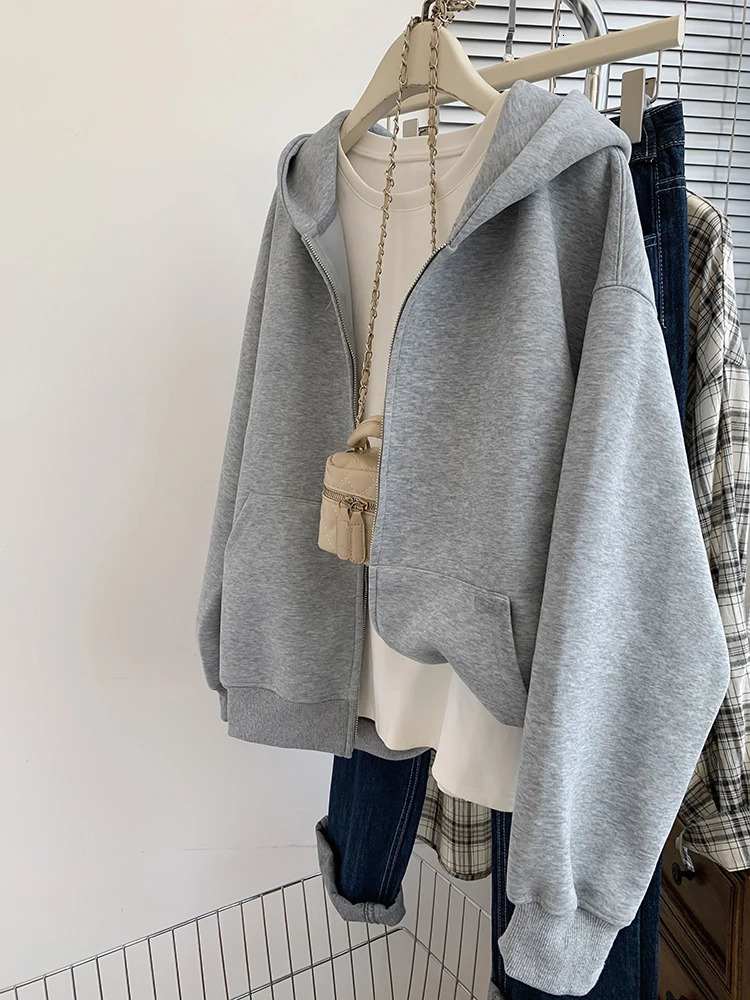 Sweat-shirt gris cagoulé cardigan décontracté femmes automne d'hiver couleur solide ferme à manches longues à capuche