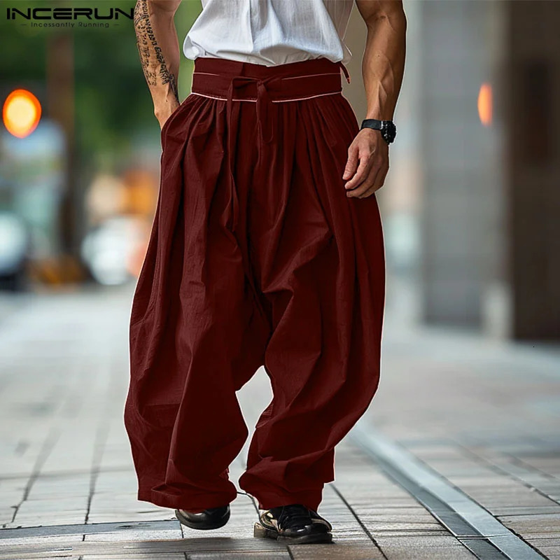 INCERUN 2024 Korean style mens Trouser fashionable loose solid striped pleated pants casual streetwear simple Pantalons S5XL 240807