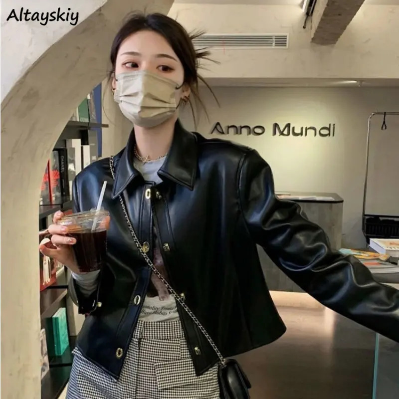 PU Leather Crop Jackets Women High Street Y2k Clothes All-match Coats for Ladies Retro Casual Ropa Mujer Chaquetas Long Sleeve 240807
