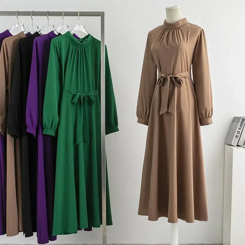 Spring Autumn Long Dresses Fashion Female Vintage Full Sleeve Solid A-line Casual Chiffon Dress Women Maxi Dresses Muslim Dress 240807