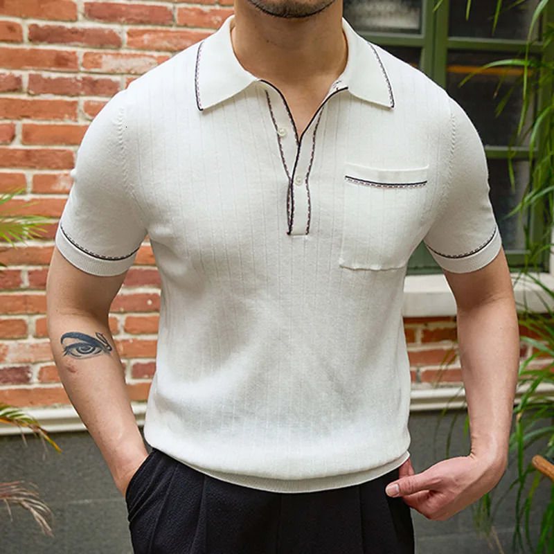 Summer 2024 comparison navy white Italian Lyocell knitted cardigan mens casual short sleeved UK slim fit breathable polo Tshirt 240807