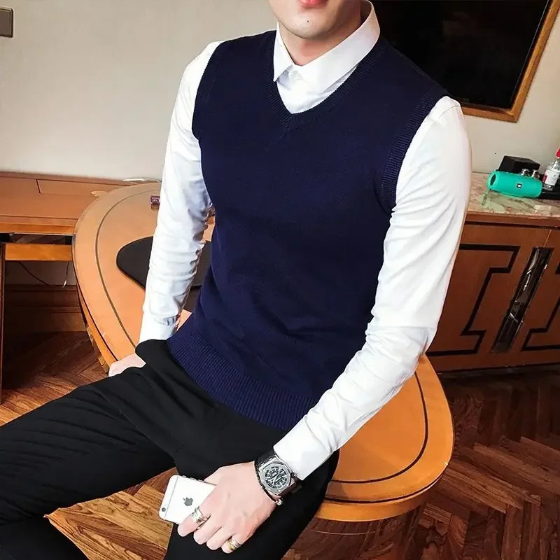 Flat weave business mens clothing knitted sweater solid color sleeveless vest Vneck Y2k retro plus size cotton 240807