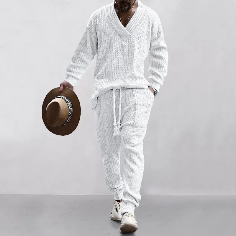Summer Jacquard Plain V-neck Long sleeved T-shirt Large Mens Solid Color Loose Casual Long sleeved Set 240830