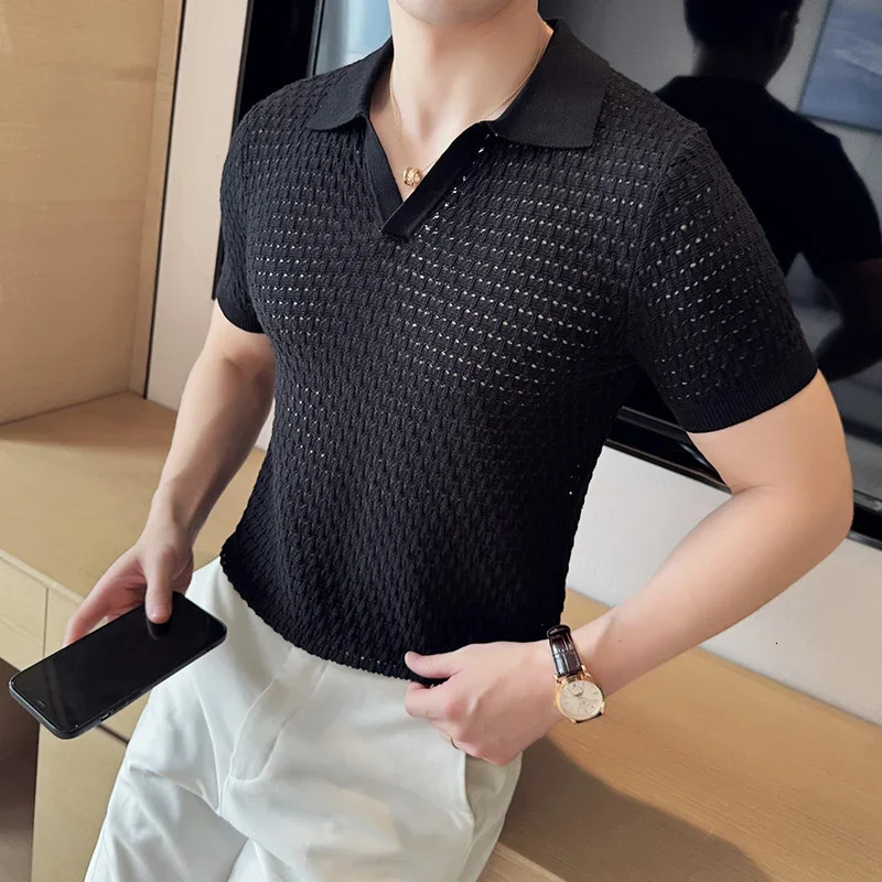 Mens Polo Shirt Summer Light and Thin Knitted Hollow Solid Color Casual Short Sleeved V-neck T-shirt Mens Clothing 240807