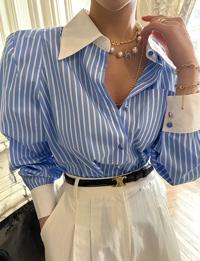 Fashion Lapel Patchwork Striped Blouses Women Long Sleeve Single-breasted Loose Female Shirts Spring Summer Blusas T804C 240807