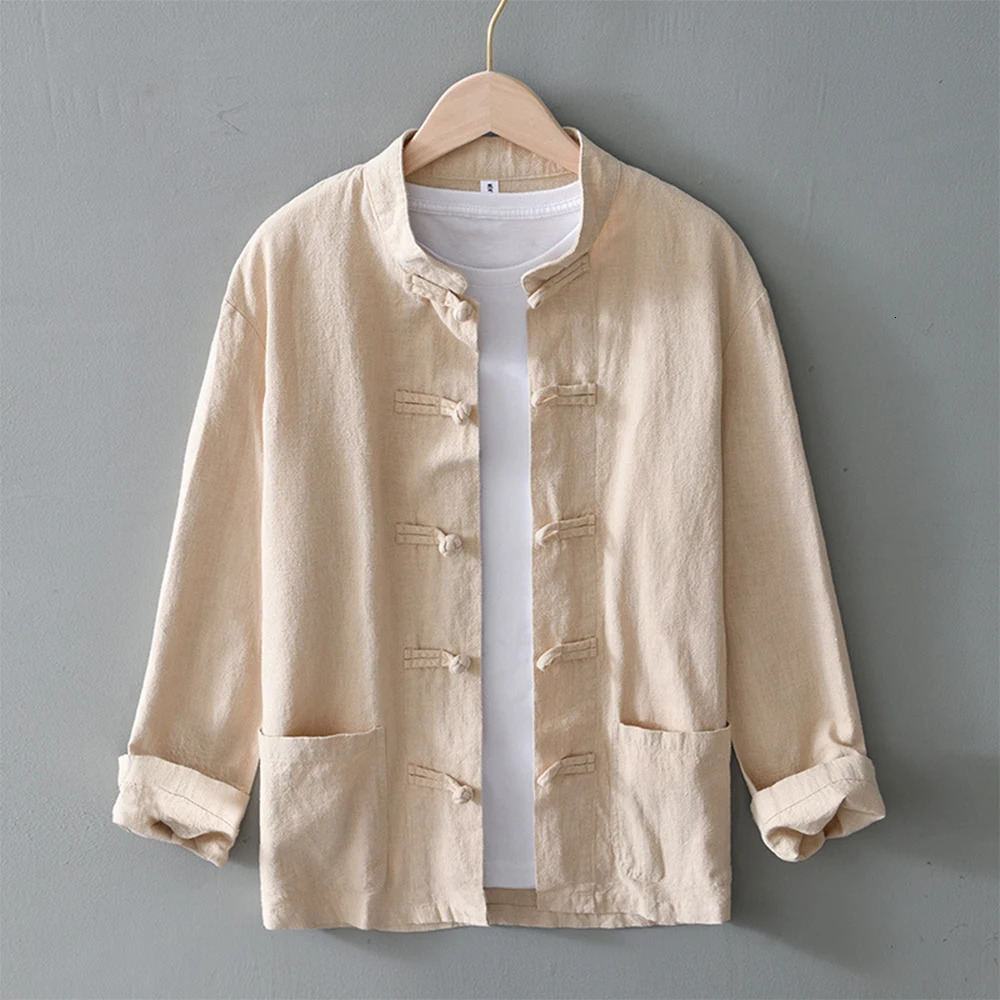 Retro Tang style mens shirt 2023 springsummer item solid color long sleeved cotton linen plus size casual cardigan top 240807