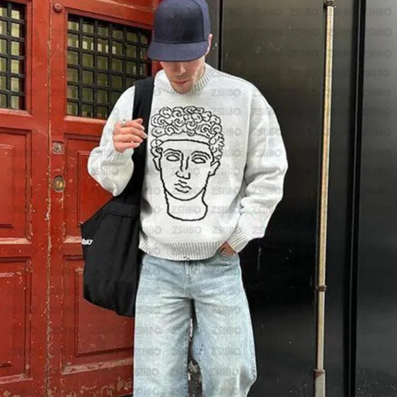 Creative Portrait Jacquard Sweater Y2K Aesthetic Fashion Knitted Punk Retro Mens Pullover Women Clothing Winter 2024 240824