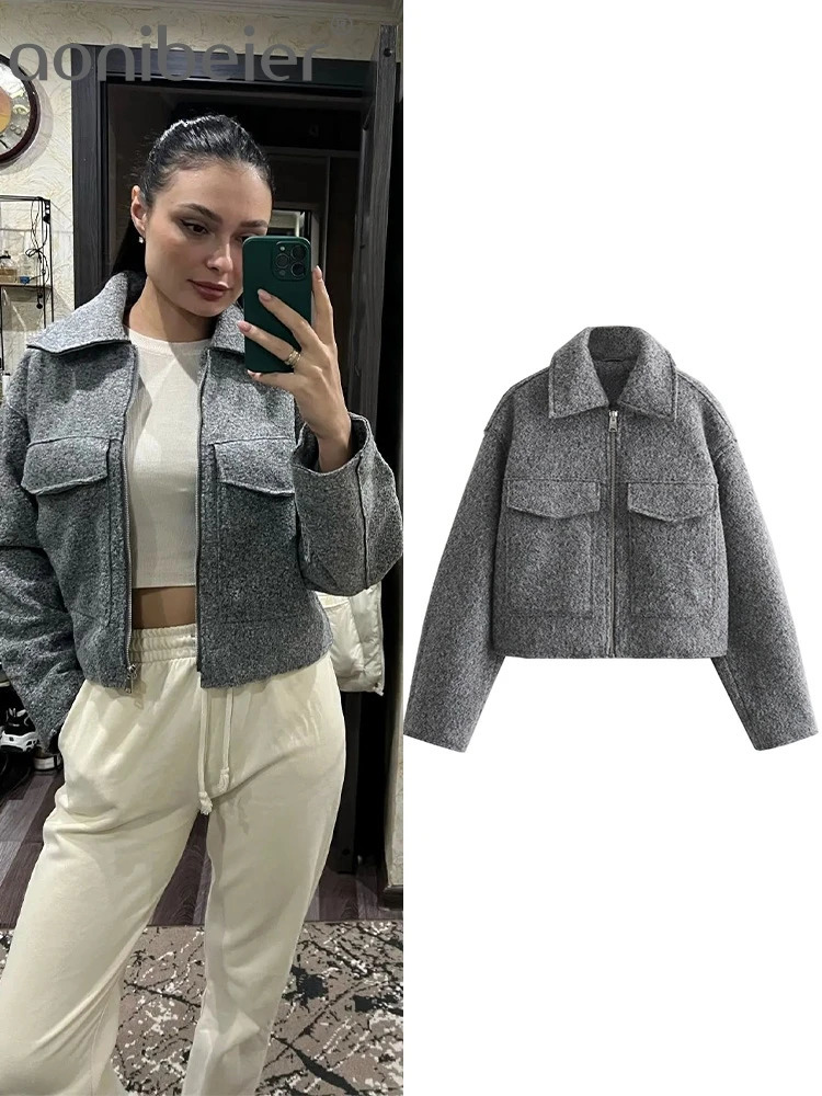 Aonibeier oversize femmes bombardier veste traf d'automne hiver à manches longues poches zipper lâche manteau court top femelle y2k 240807