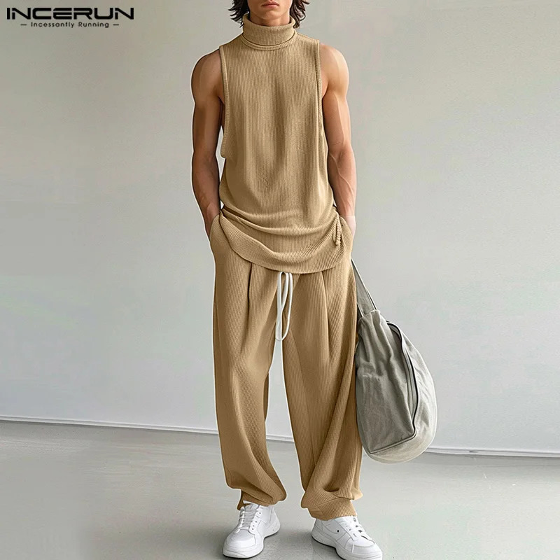 INCERUN Mens Solid Color Turtle Neck Sleeveless Tank Top and Drawstring Pants 2PCS Street Clothing 2024 Fashion Mens Casual Set240806