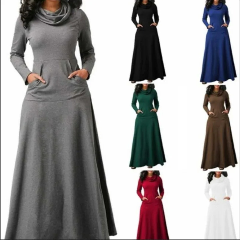 Plus taille 5xl élégant long robe maxi automne hiver hiver chaud collier haut collier robe à manches longues vêtements avec poche 240807