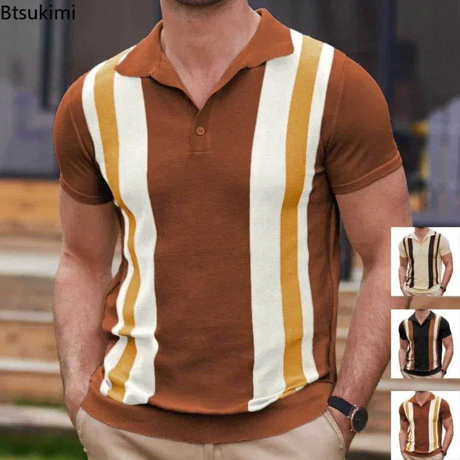 2024 mens summer short sleeved knitted polo shirt cardigan retro slim fit elastic Tshirt top business casual 240807