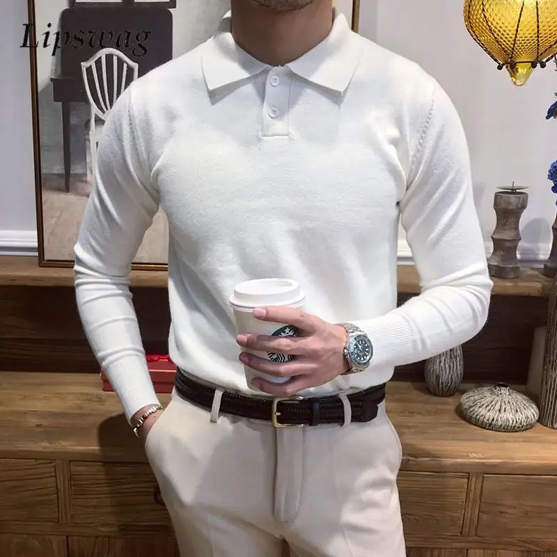 Casual Polo Shirts Mens Knitted Long Sleeve Button Turn-down Collar Tops Autumn Fashion Slim Solid Color Knit Pullover Men Polos 240807