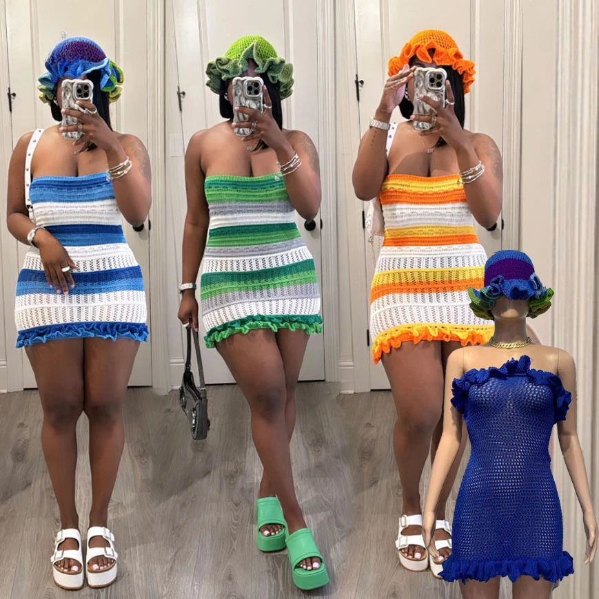 Ensemble tricoté 2 pièces pour femmes, chapeaux et Mini jupes, robe sans bretelles décontractée, costumes assortis, à la mode, 240806