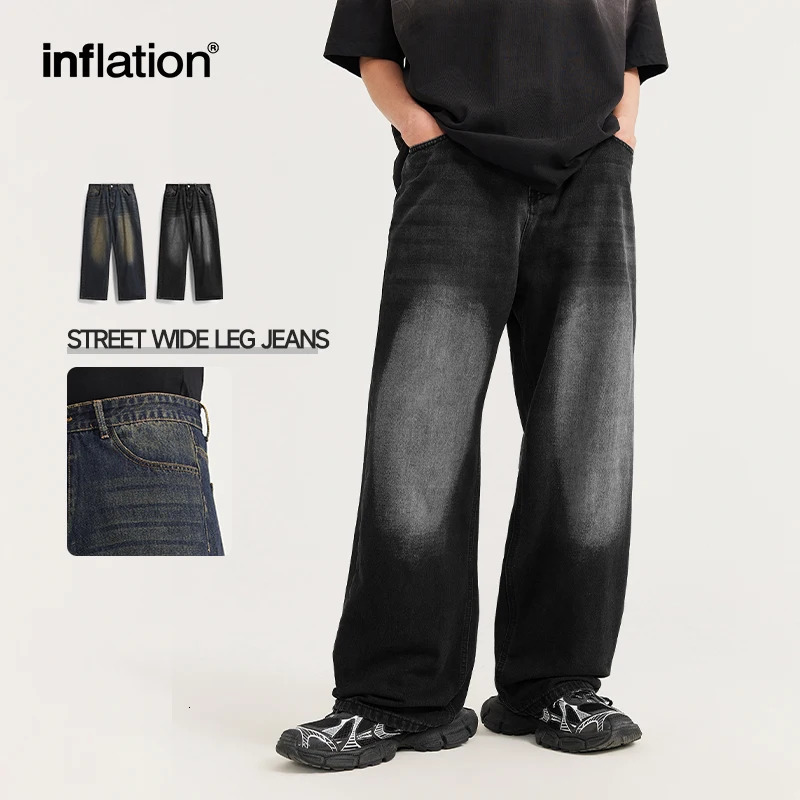 INFLATION Streetwear Retro Wide Leg Jeans Mens Black Classic Loose Fit Jeans240807