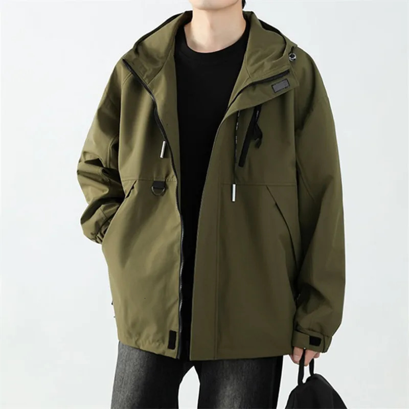 Spring and Autumn hooded windproof casual mens jacket solid color loose windproof jacket mens outdoor freight jacket240806