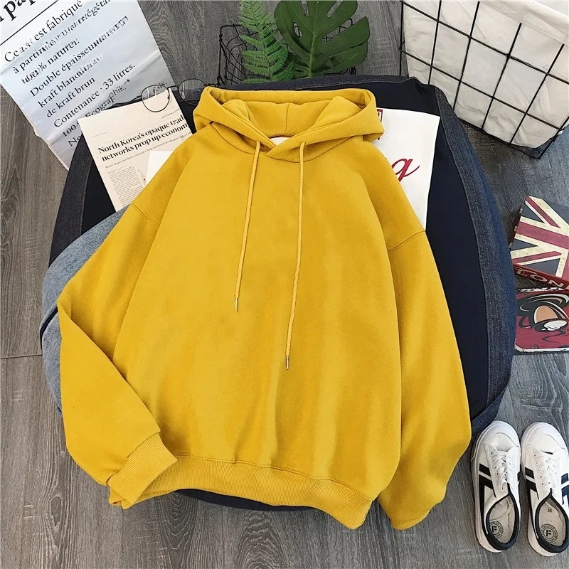 Thick wool womens hoodie solid color long sleeves zipper yellow jacket autumn and winter womens clothing240806