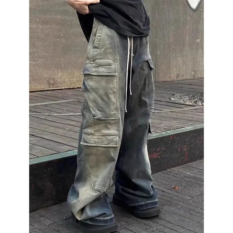 Y2K hip-hop loose straight leg wide leg mens and womens summer high-end retro washed gray blue denim workwear casual pants240807