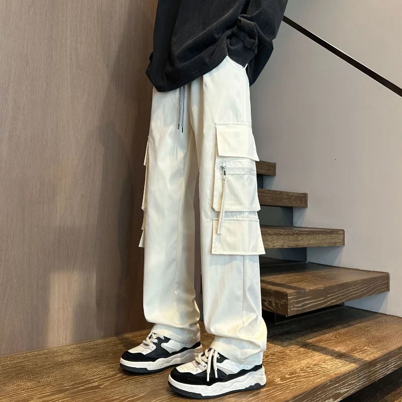 Pantalon de cargaison droit des jambes larges japonais Streetwear pantalon long pantalon zipper harem pantalon cargo noir oversize pantalon 24080