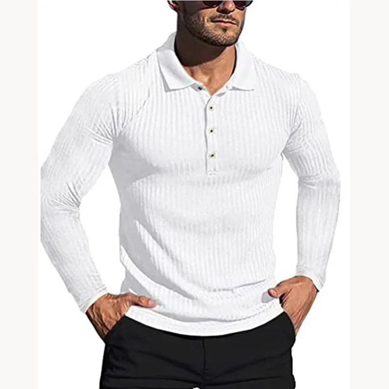 Spring and Autumn Mens Running Sports Fitness High Elastic Stripe Long Sleeve POLO Shirt Slim Fit Knitted Underlay Shirt 240807