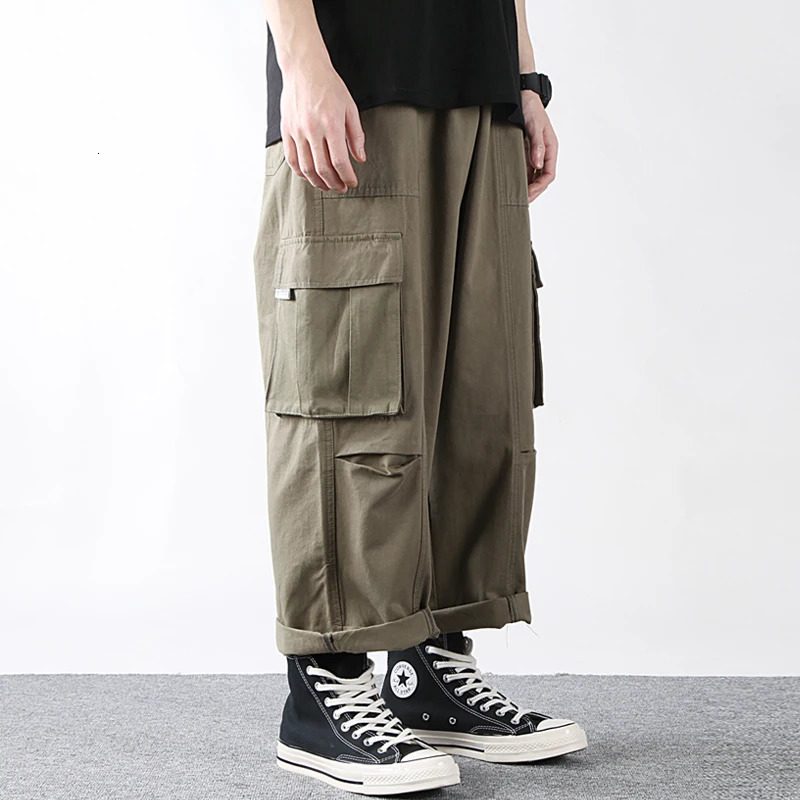 Pantalons de cargaison American Casual Men Lazy Baggy Pantalon Cropped Mens Work Multi-Pocket Ninth-Pant