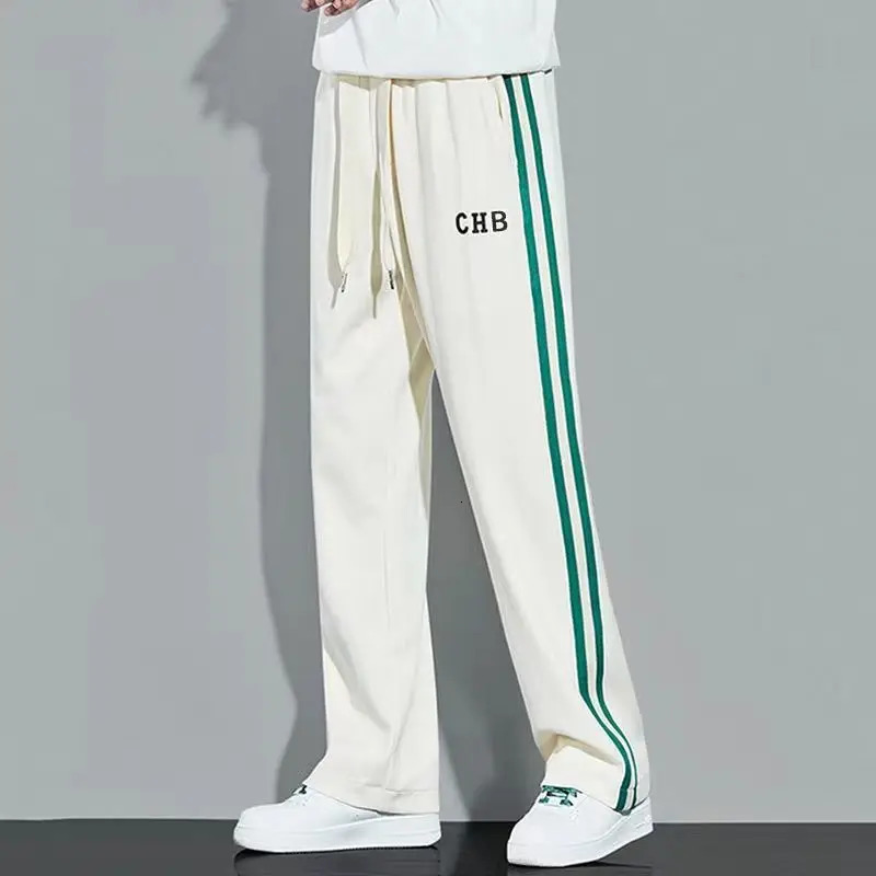 Wool thick warm straight casual pants mens autumn winter patch striped drawstring waist loose sportswear 240807