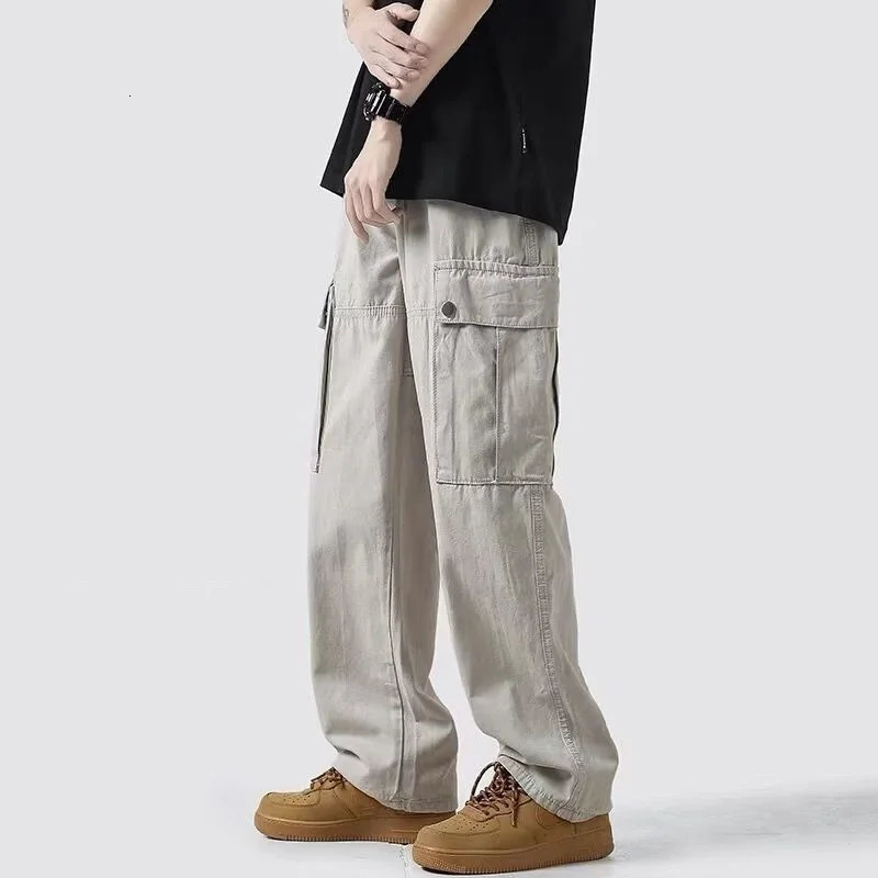 Spring Trend Mens Clothing Japanese Cotton Korean Version Fashion Casual All-match Loose Straight Solid Color Cargo Trousers 240807