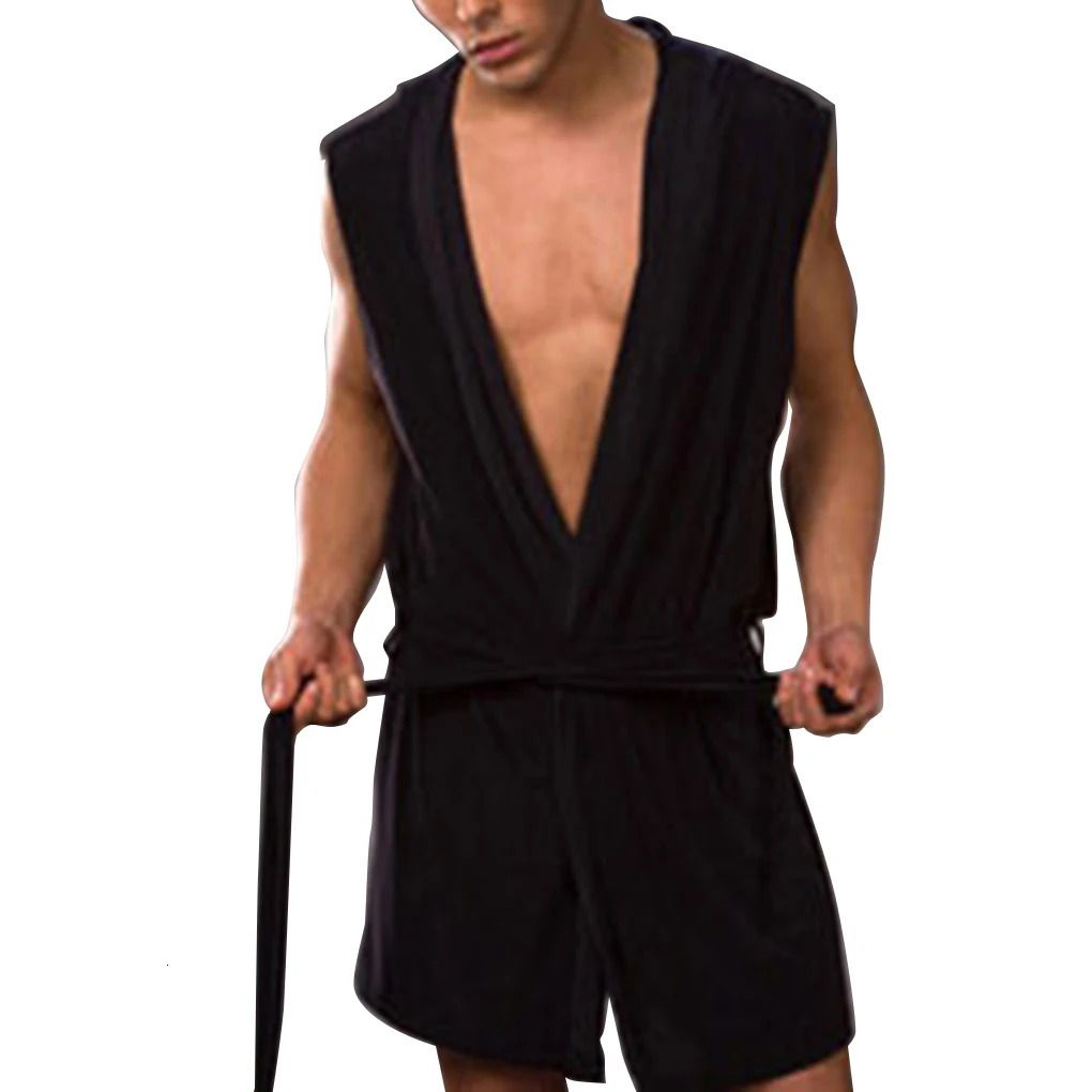 Mens summer bathroom silk hooded sleeveless pajamas 240806