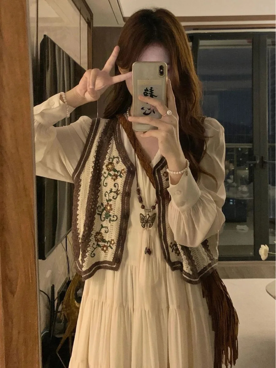 Bohemia Robe à manches longues solide broderie en tricot ventre Femme Spring Automne Vintage Casual Simply 2pcs Chic Long Dress Set 240806