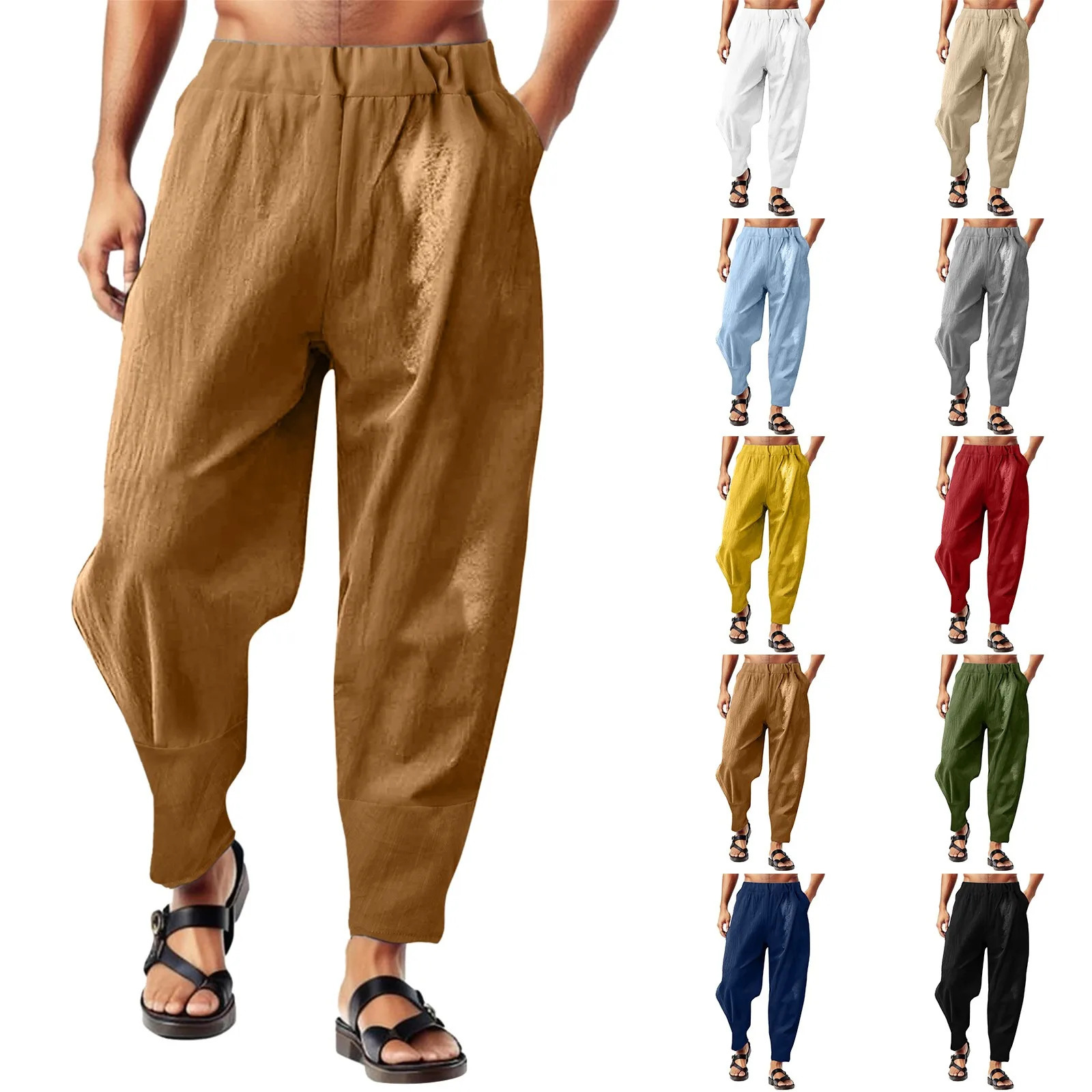 Male Daily Long Pants Casual Cotton Linen Solid Color Harem Pants Pockets Elastic Waist Pants Hawaiian Beachwear Long Trousers 240807