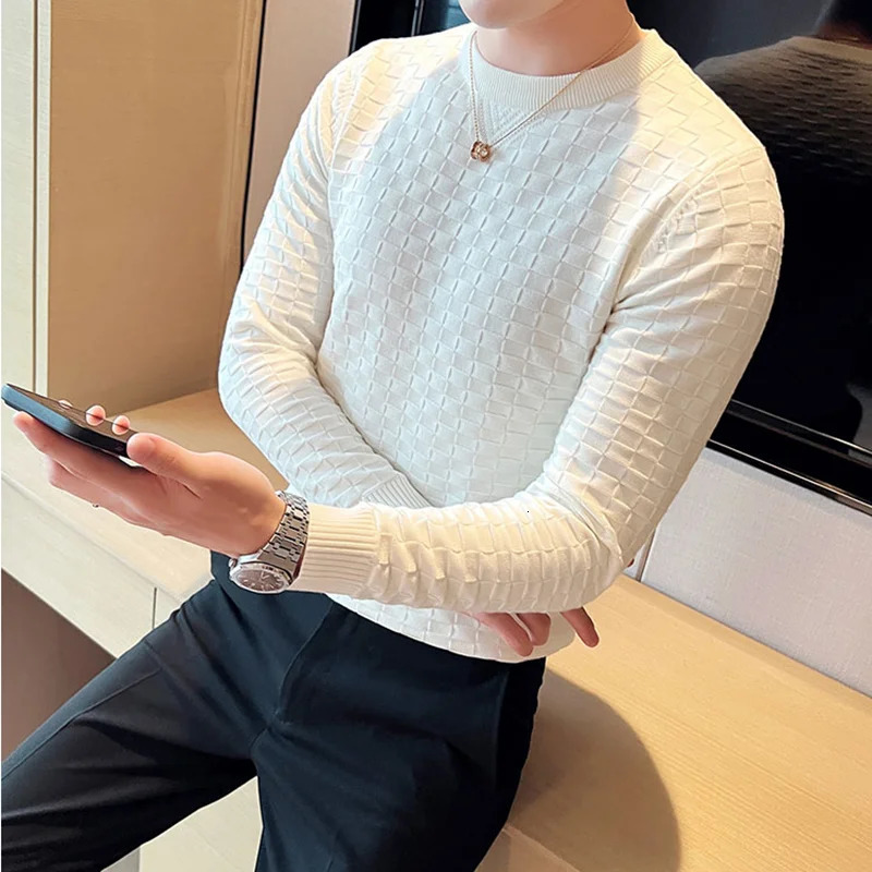 Autumn and Winter Elastic Jacquard Woven Oneck Sweater Mens Waffle Fit Long Sleeve Knitted Floral Casual Street Clothing Style 240807