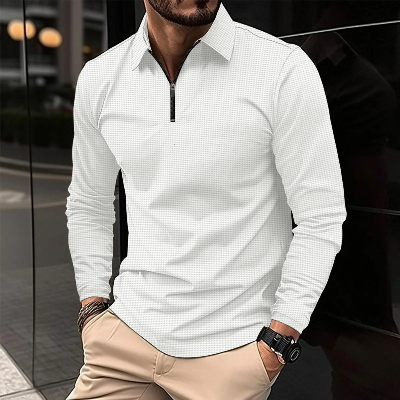 Spring and autumn waffle fabric casual sports mens golf solid color zipper long sleeved polo shirt 240807
