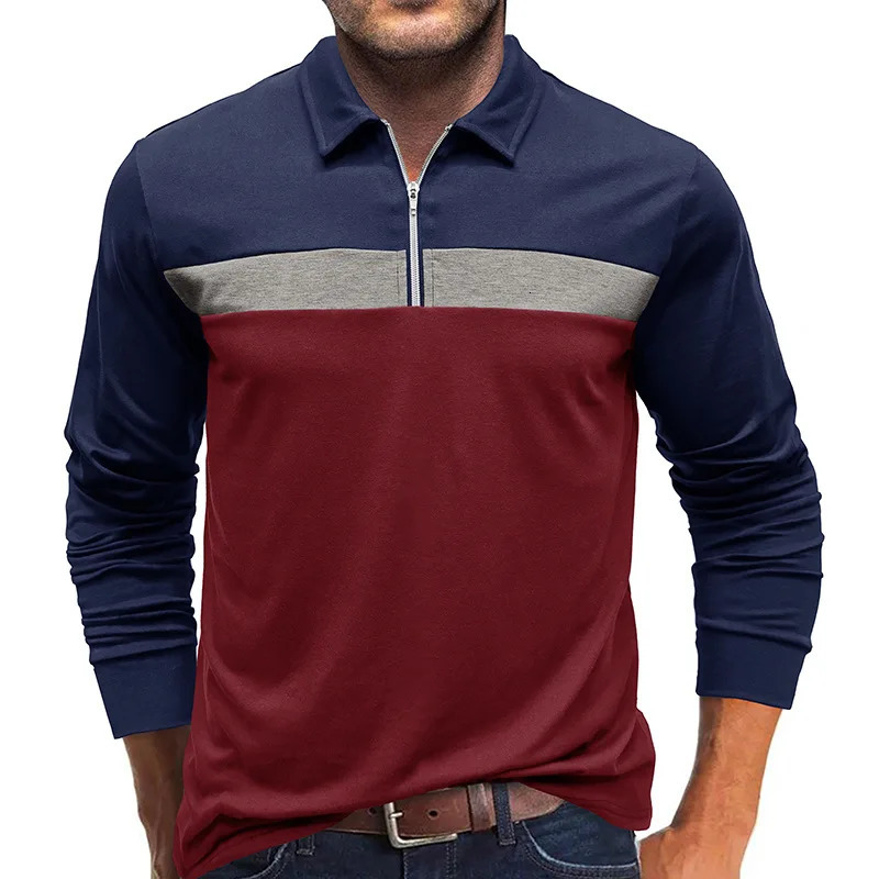Autumn and winter mens lapel long sleeved Tshirt fashionable casual zipper Henry shirt slim fit patchwork polo 240807