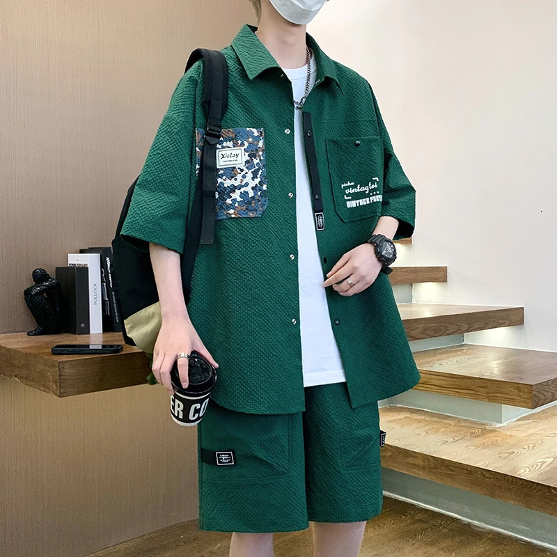Summer cotton printed sportswear mens casual striped set mens fashionable shorts and mens full-size M-4XL shirt240806