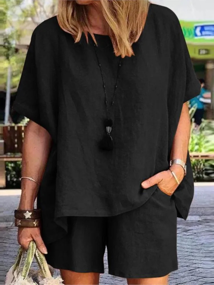 Lin de coton décontracté d'été ensemble deux pièces pour femmes courts sets de couleur solide en t-shirts shorts 2 pièces en vil vinage.