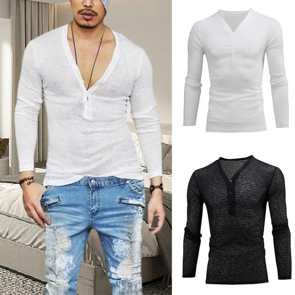 Deep V-neck mens T-shirt long sleeved thin elastic quick drying summer solid color slim fit T-shirt240807