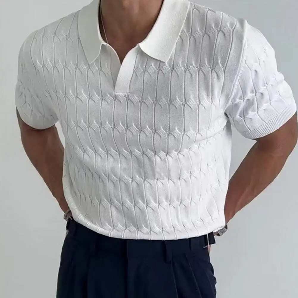 Mens Jacquard Knitted Stretch Short Sleeve Elegant Mens V-neck Jacquard Knitted Business Shirt Style Medium Length240807