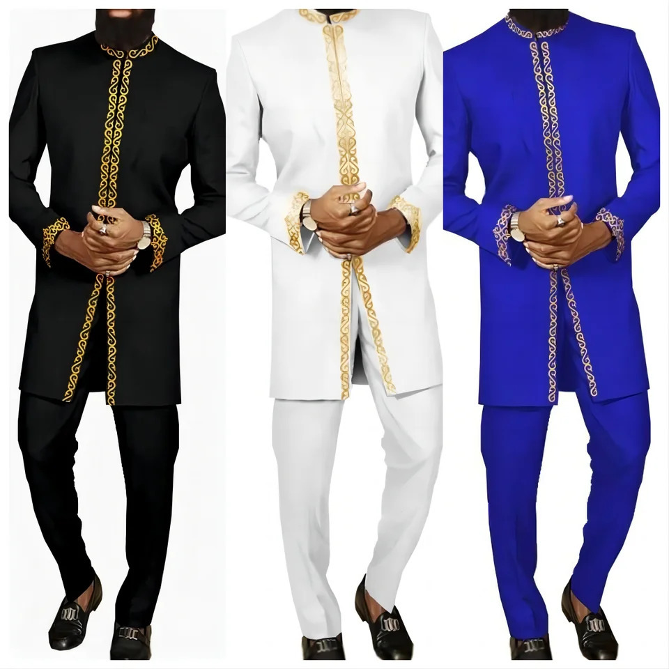 African Mens Clothing Fashion Embroidered Top And Trousers 2 Piece Set Elegant Classic Slim Party Ball Casual Beautiful Suit 240806