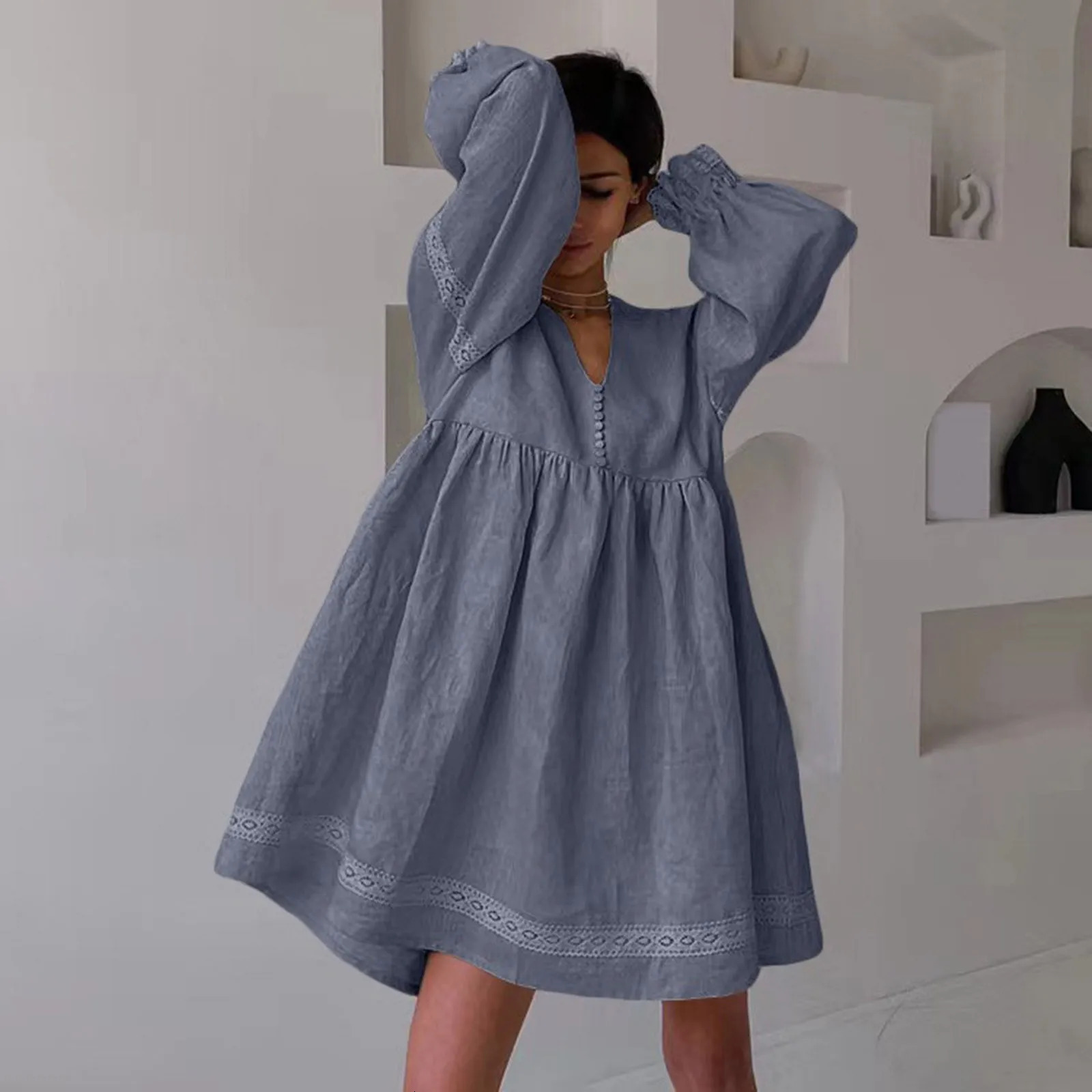Robe d'été en vrac pour femmes élégants manches longues en V Colon Robe de coton en dentelle Boho plage Vestidos surdimensionnés 240807