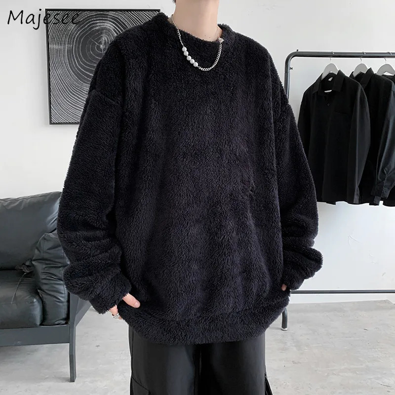 Mens O-neck plush hoodie soft solid color mens casual basic flannel warm retro Japanese style sportswear Plus size S-3XL240806