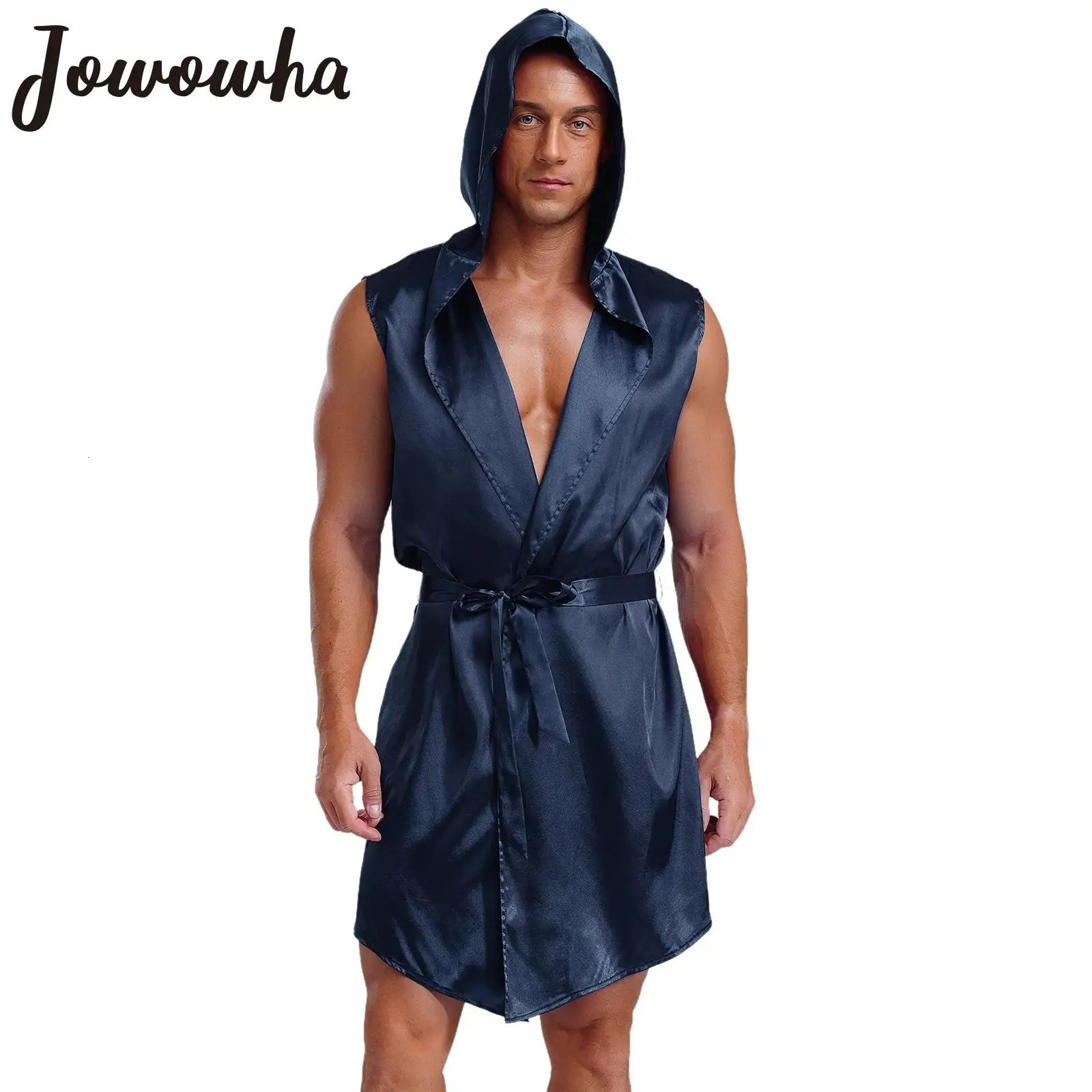 Robe pyjama à capuche en satin avec ceinture sans manche en dentelle avant pour femmes 240806