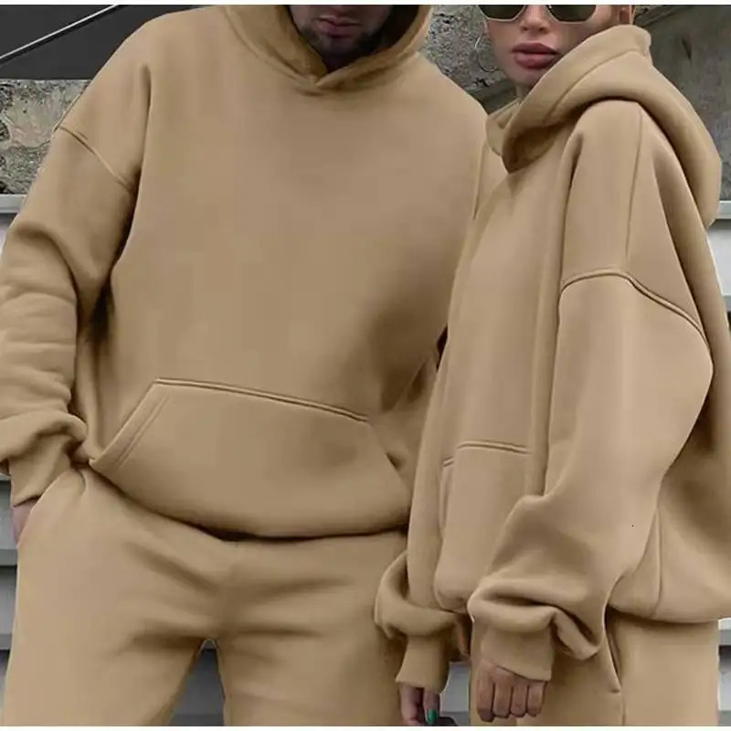 mens track and field clothing spring and autumn two-piece set oversized set hooded sweatshirtTrouser solid sweatshirt womens warm suit240806