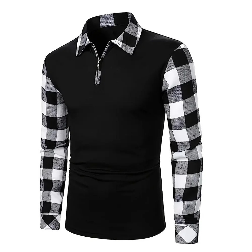 Mens spliced colorful polo shirt mens long sleeved flat top matching business clothing casual and fashionable 240807