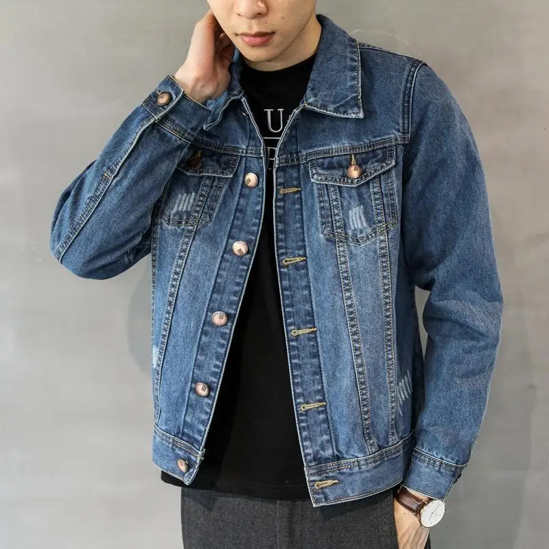 Denim jacket mens casual slim fit jeans button up blue short board Korean clothing original G 240806
