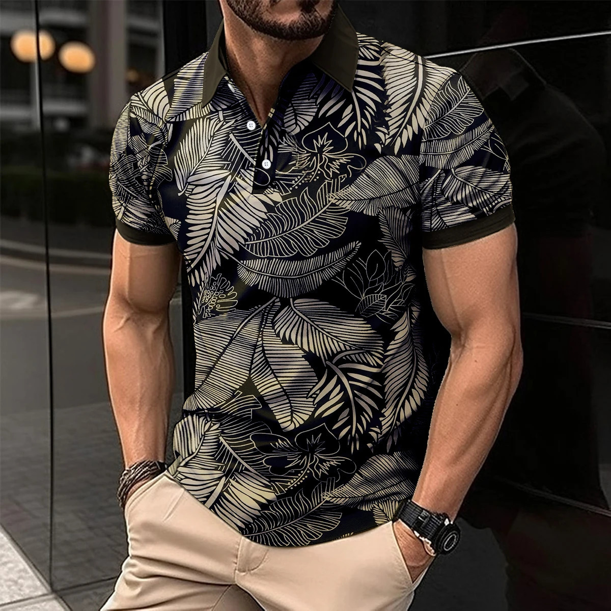2023 Summer Mens Casual Short sleeved Polo Shirt Fashion Feather Printed Tshirt Breathable Office Clothing 240807