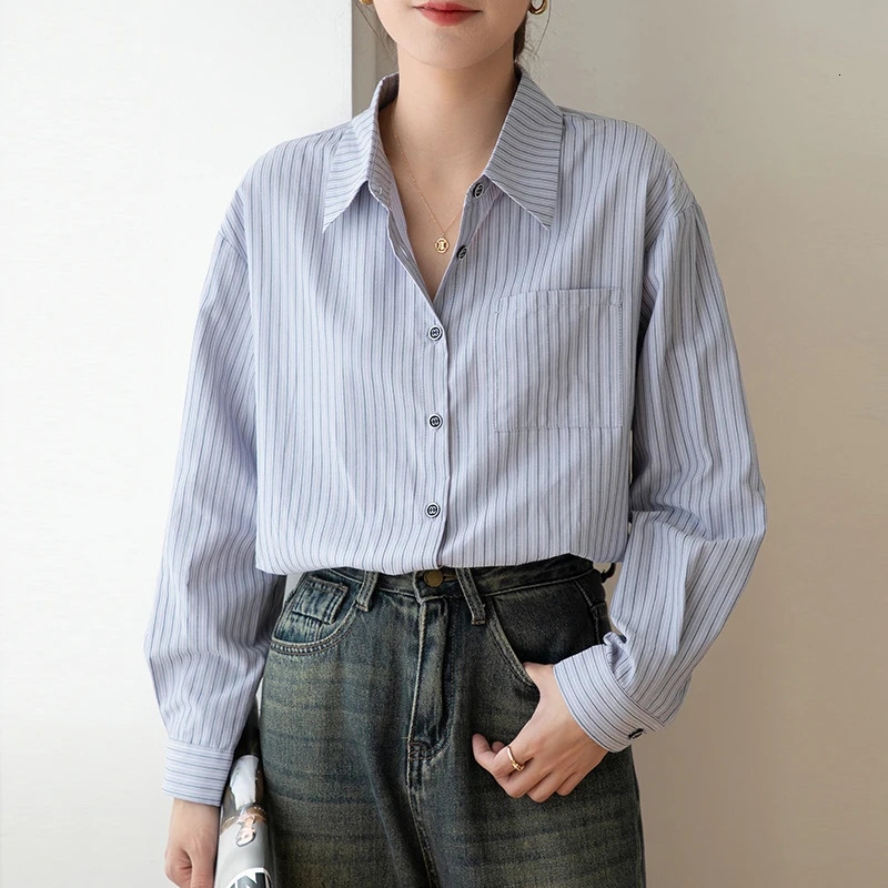 Women Spring Simplicity Loose Office Lady Striped Square Collar Long Sleeve Shirts Women Clothes Casual All-match Fashion Tops 240807