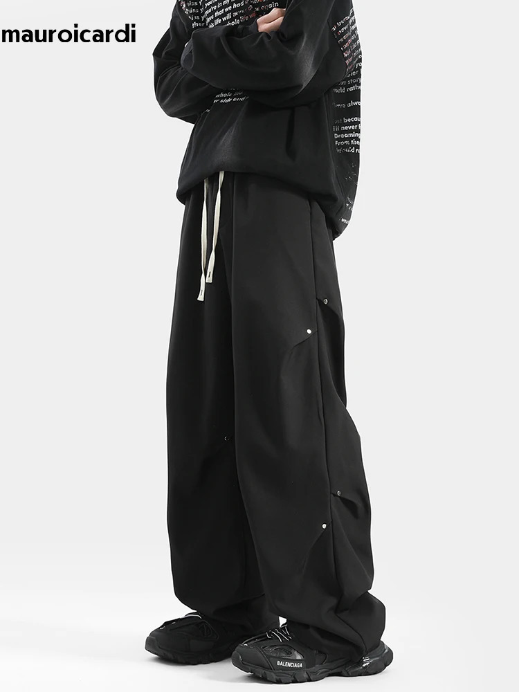 Mauroicardi Spring Autumn Long Loose Casual Baggy Flowy Soft Black Wide Leg Pants Men with Drawstring High Waist Clothing 240807