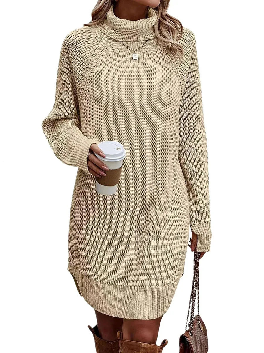 Womens Autumn Spring Sweater Dress Casual Long Sleeve Turtleneck Solid Color Knitted Dresses Female Winter Warm Knitwear Daily 240807