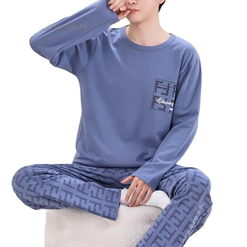 Spring Autumn Plus 5XL Knitted Mens Pajamas Checkered Plain Set Casual and Night Fashion 240806